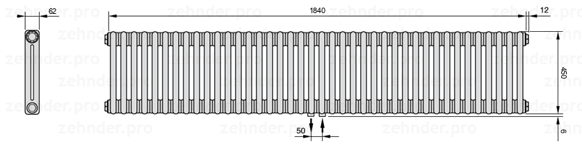 Схема (чертеж) Радиатор Zehnder Charleston 2045/40 №5410 Белый глянцевый RAL 9016